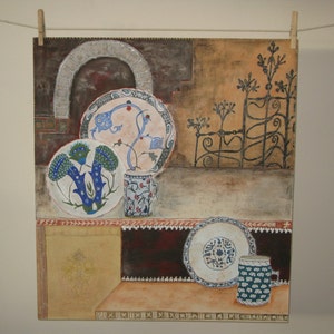 Original Gouache Painting of Decorative Plates and Cups. 54cm x 59.5cm