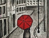 Painting, Watercolor, Lead Pencil, Rainy Day, Umbrella, Red, Newspaper