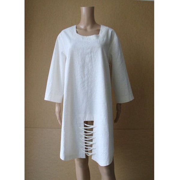 Women's Ivory White Linen Viscose Tunic 3/4 Sleeves Large Size