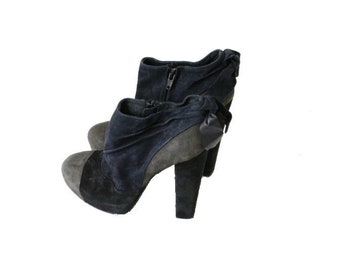 BENETTON Platform Ankle Boots Black Blue Gray Suede Chunky Platform Gothic Women Booties 39/6/8.5