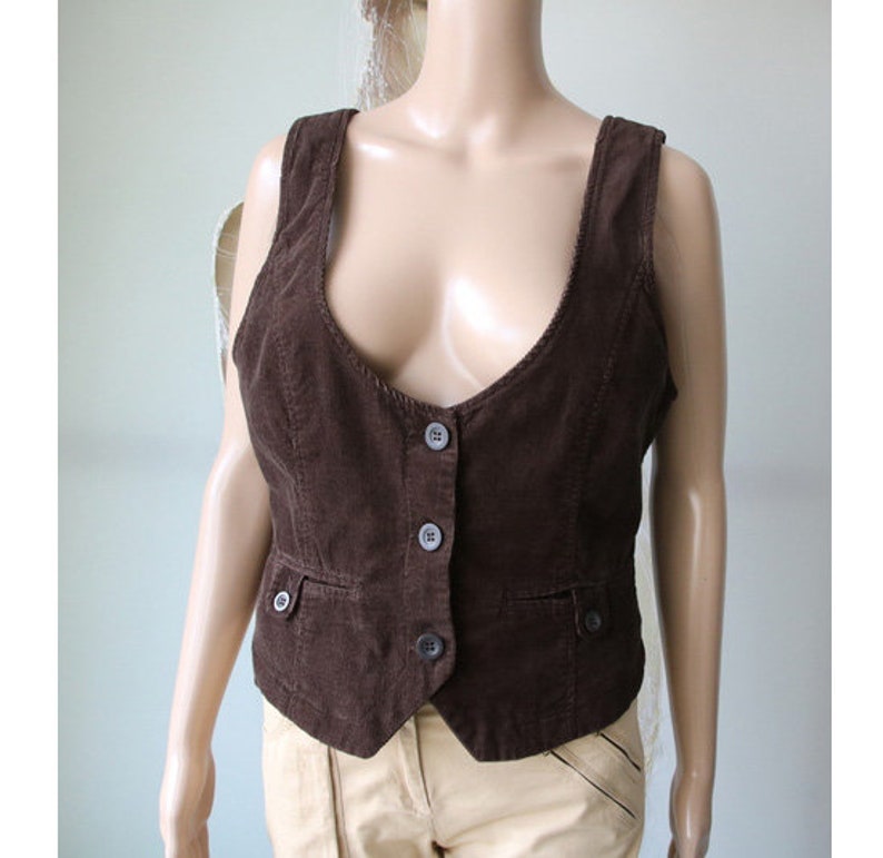 Gilet en velours côtelé pour femme, gilet en coton marron, taille moyenne image 1