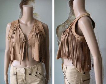 Women's Beige Suede Vest with Fringe Small Size