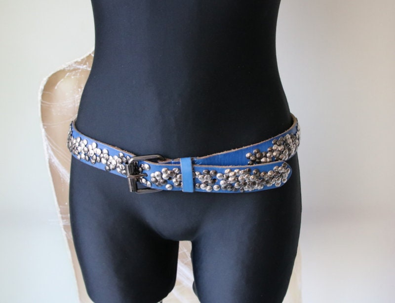 Vintage Blue Genuine Leather Belt Metal Studded Belt Large