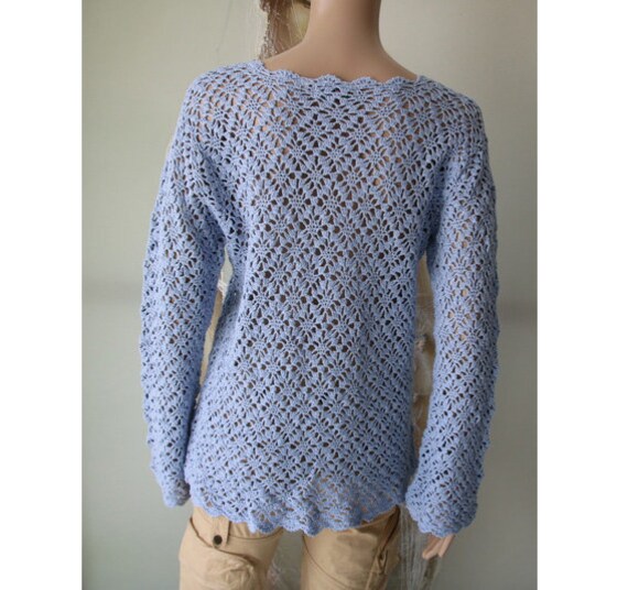 Vintage Sky Blue Knit Cardigan Cotton Ramie Sweat… - image 2