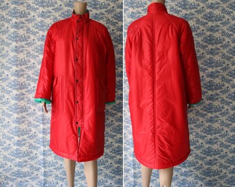 KIKI BLOM Paris Women's Red Green Puff Coat  Long Puff Blazer M/L Size