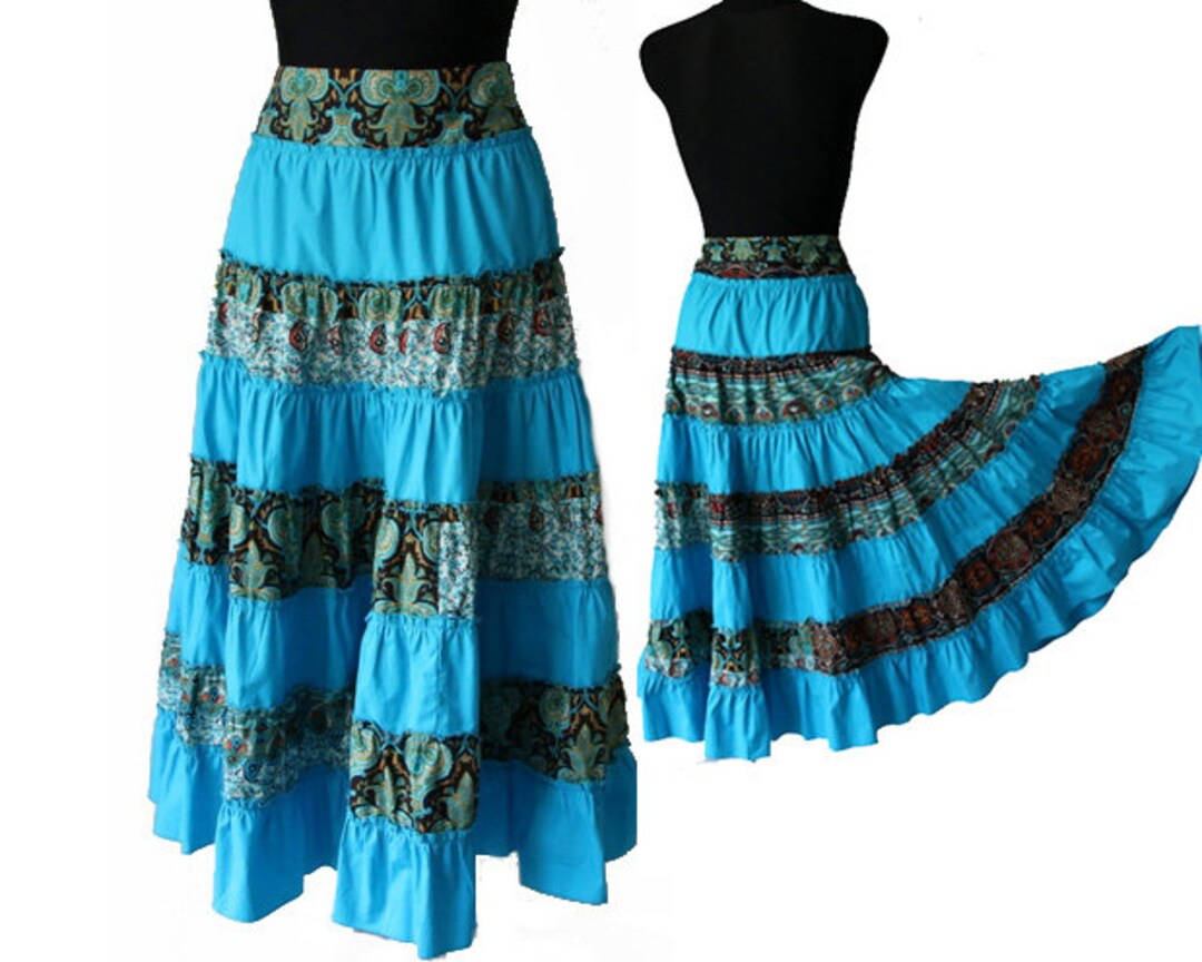 Vintage Electric Blue Skirt Patchwork Algodón Ruffle Campesino Etsy