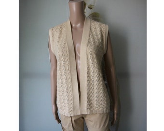 Vintage Beige Women's Wool Vest Knit Waistcoat Medium Size