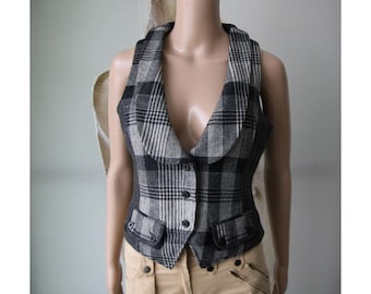 Vintage Women's Plaid Vest Gray Waistcoat Wool Polyester Vest Small Size