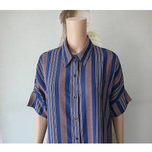 Striped Blue Dress Shirt Women&#39;s Short Sleeves Dress Large Size