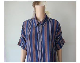 ストライプブルードレスシャツ レディース 半袖ドレス 大きいサイズ