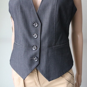 Vintage Gray Black Vest Women's Striped Waistcoat Medium Size
