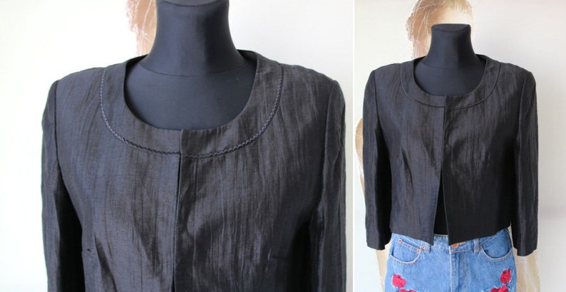 Vintage Gerry Weber Linen Cardigan Black Women Blazer 34 Sleeve Bolero Small Size