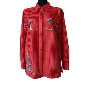 Vintage gestreept rood wit overhemd geborduurd overhemd groot maat