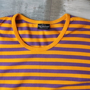 MARIMEKKO Shirt Nautical Top Yellow Purple Striped Sailor Top Marine Short Sleeves Cotton XS Size