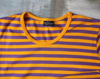 MARIMEKKO Shirt Nautical Top Yellow Purple Striped Sailor Top Marine Short Sleeves Cotton XS Size