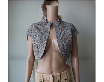 Vintage Cotton Gray Bolero Flower Print Cardigan Women Short Blazer  Large Size