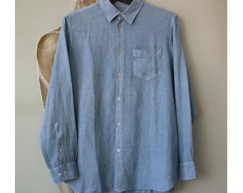 Camicia azzurra da uomo, manica lunga, in lino, taglia 43