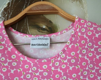 MARIMEKKO Girl Top Flower Print Top Pink White Olive Top Short Sleeves Cotton Size 150