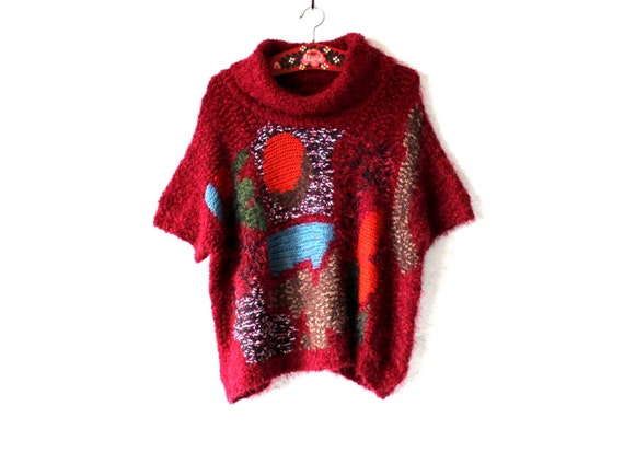 Carmine red fluffy fuzzy slouchy sweater Big collar Art deco | Etsy