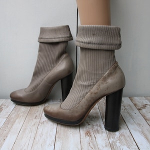 DOLCE & GABBANA Vintage Taupe Grey Sock Shoe High Column Heel Ankle Boots Booties