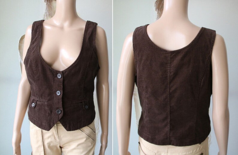 Gilet en velours côtelé pour femme, gilet en coton marron, taille moyenne image 3