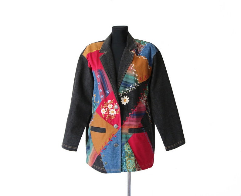 Vintage Denim Gray Jacket Patchwork Blazer Embroidered Jacket Colorful Blazer Large Size