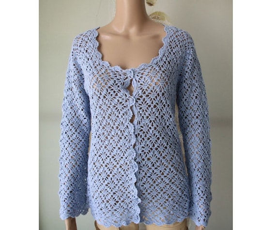 Vintage Sky Blue Knit Cardigan Cotton Ramie Sweat… - image 1