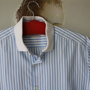 BRIONI Striped Men's Shirt White Blue Cotton Shirt Short Sleeve Size L/XL
