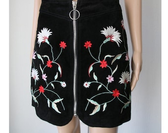 Women's Black Suede Skirt Embroidered Skirt Small Size