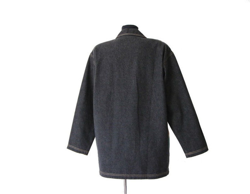 Vintage Denim Gray Jacket Patchwork Blazer Embroidered Jacket Colorful Blazer Large Size