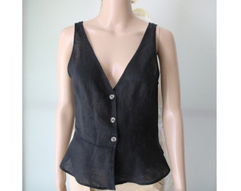 Black Sleeveless Blouse Women's Linen Top Small Size