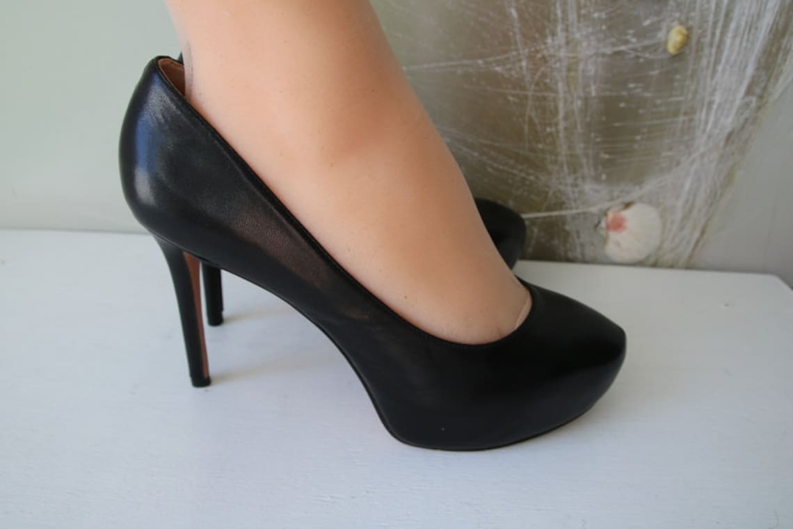 Nine West Leather High Heel Shoes Black Platform Pumps Size Etsy