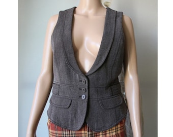 Vintage  Brown Beige Vest Women's Fitted Vest Medium Size