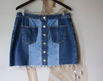 Vintage Two Tone Blue Denim Skirt Cotton Jeans Skirt High Waist Skirt Medium Size