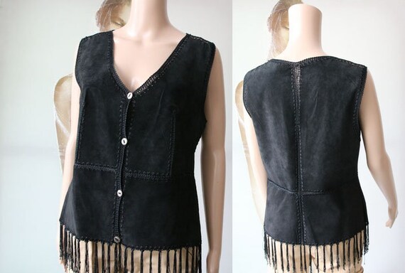 Women Patchwork Black Suede Vest Vintage Leather … - image 5