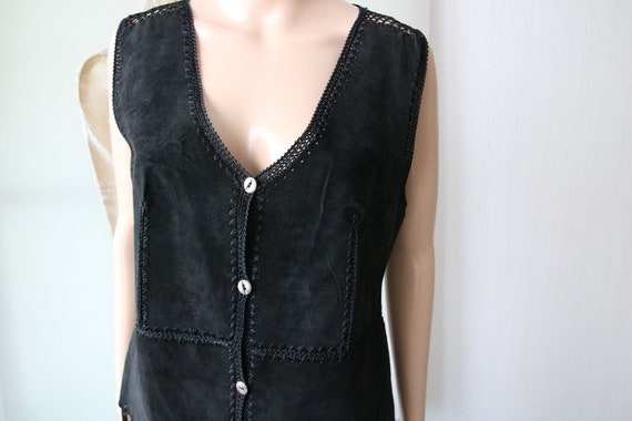 Women Patchwork Black Suede Vest Vintage Leather … - image 3