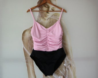 Vintage Light Pink Black Swimsuit Smocked Top One Piece Swimsuit Bathing Suit Size 14