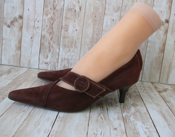 HÖGL Vintage Brown Suede Shoes Kitten Heels Point… - image 2