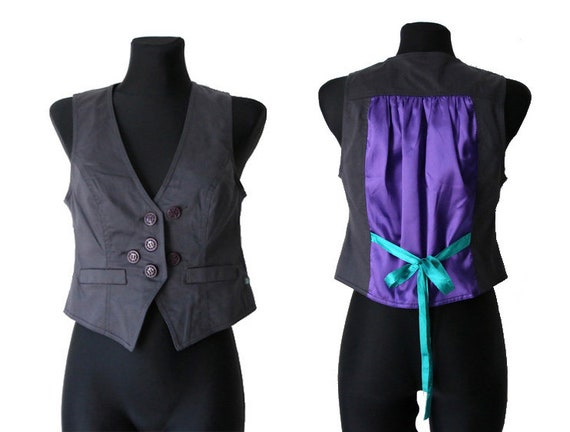 Womens Gray Purple Vest Cotton Formal Waistcoat Me