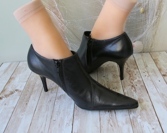 vintage HÖGL Cuir Noir Bottines Talon Haut Booties Pointu Orteils Chaussures 6.5