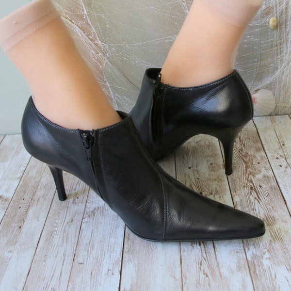 Vintage HÖGL Black Leather Ankle Boots High Heel Booties Pointed Toe Shoes 6.5