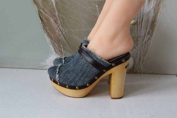 Women Blue Denim Wooden Clogs Wooden Platform Clog
