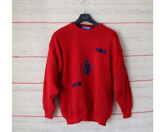 Vintage Roter Herren Pullover Golf Netz LXIV Stil voll gefüttert Pullover Groß