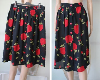 Vintage Pleated Skirt Black with Red Roses Print Midi Skirt Elastic Waist Skirt See Through Skirt Size  L