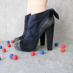 BENETTON Platform Ankle Boots Black Blue Gray Suede Chunky Platform Gothic Women Booties Size 39