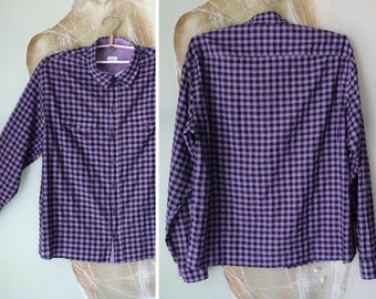 ARMANI Checkered Men's Shirt Purple Black Cotton Silk Shirt Size XXL