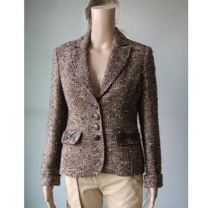 Vintage Boucle Tweed Brown Beige Blazer Women Cardigan Small Size