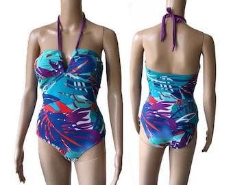 Vintage Floral Print One Piece Swimsuit Bathing Suit Strapless Swimsuit S-XS