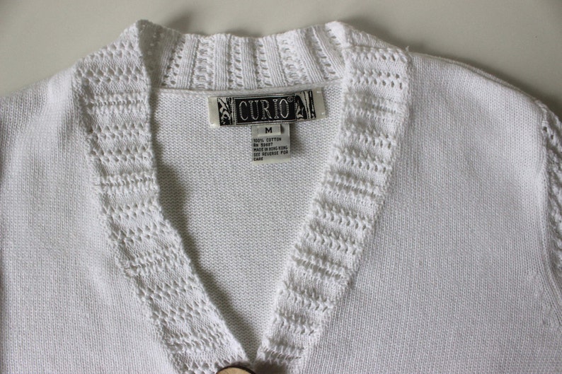 White Cotton Cardigan Knit Women Cardigan Different Design Buttons 34 Sleeves Medium Size