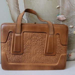 Vintage Brown Beige Small Work Bag 70s Leather Hand Bag Ladys Purse